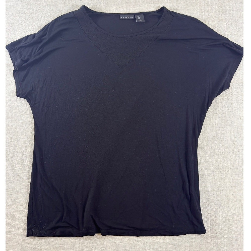 Tahari Womens Black Mesh V-Neck Short Sleeve Dolman Top Size Large